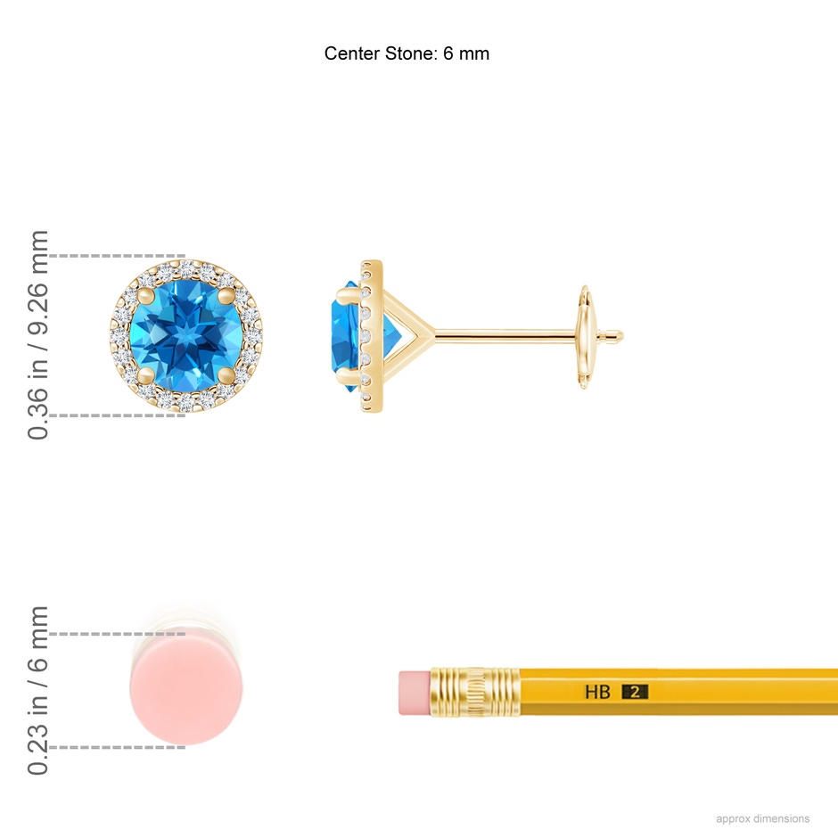 6mm AAAA Classic Swiss Blue Topaz and Diamond Halo Stud Earrings in Yellow Gold ruler