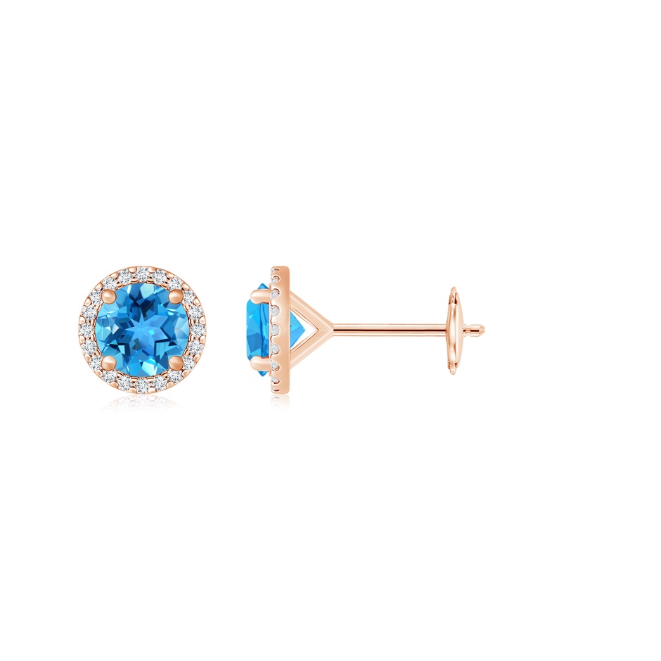7mm AAA Classic Swiss Blue Topaz and Diamond Halo Stud Earrings in Rose Gold 