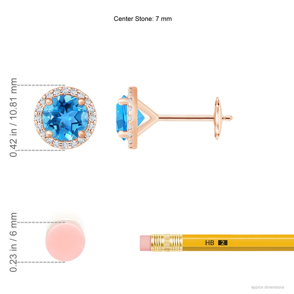 7mm AAA Classic Swiss Blue Topaz and Diamond Halo Stud Earrings in Rose Gold ruler