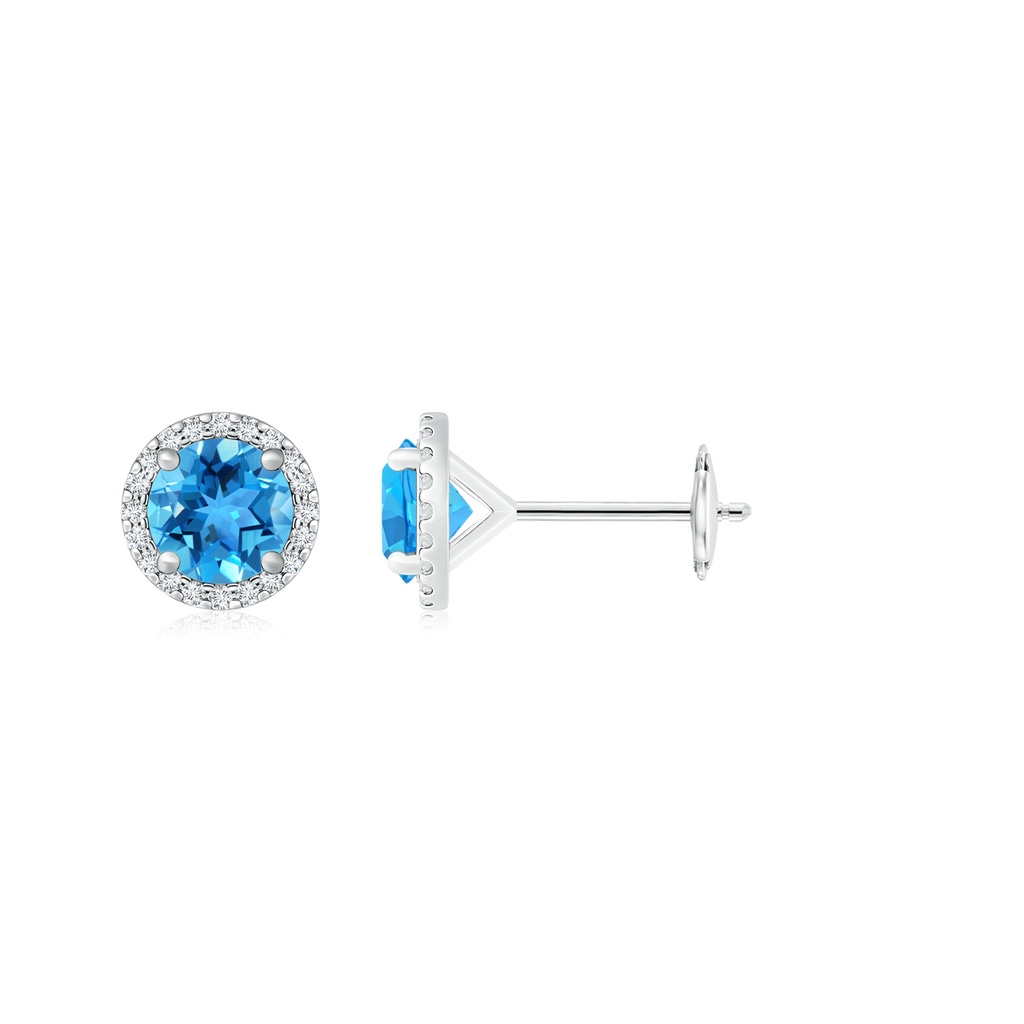7mm AAA Classic Swiss Blue Topaz and Diamond Halo Stud Earrings in White Gold