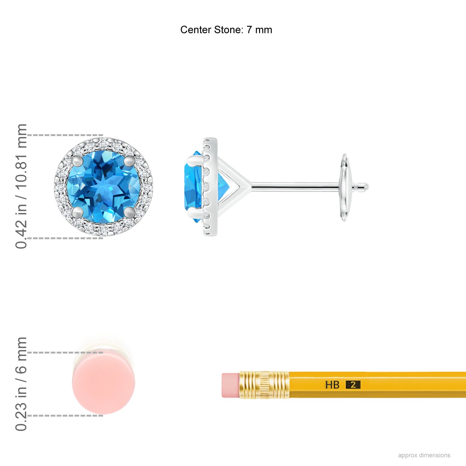 7mm AAA Classic Swiss Blue Topaz and Diamond Halo Stud Earrings in White Gold - ruler