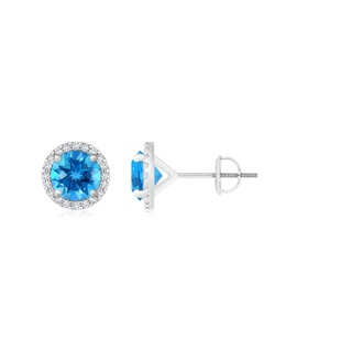 7mm AAAA Classic Swiss Blue Topaz and Diamond Halo Stud Earrings in P950 Platinum