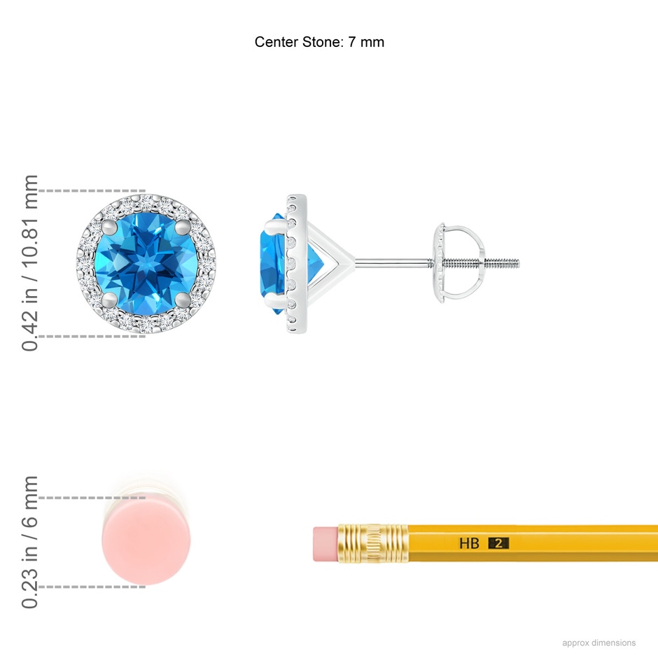 7mm AAAA Classic Swiss Blue Topaz and Diamond Halo Stud Earrings in P950 Platinum ruler