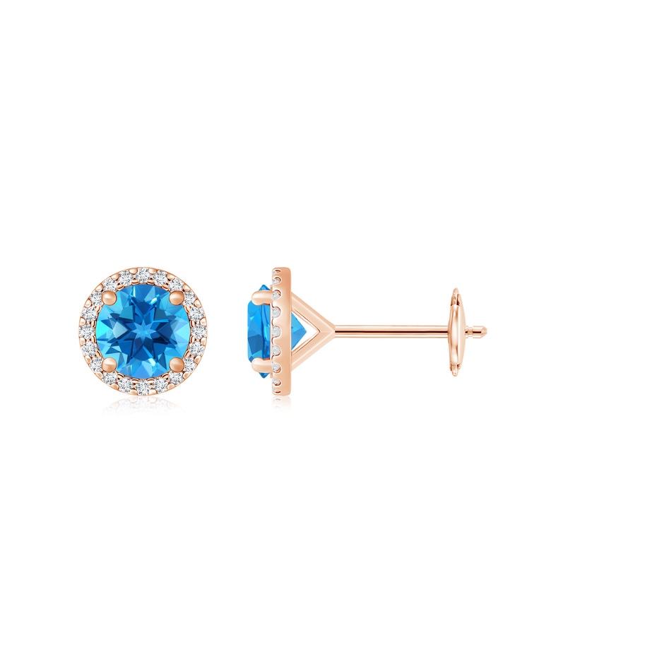 7mm AAAA Classic Swiss Blue Topaz and Diamond Halo Stud Earrings in Rose Gold 