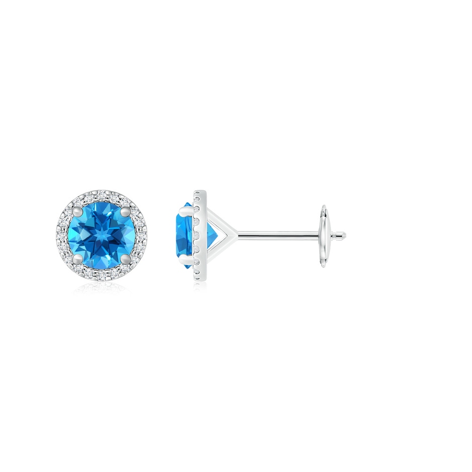 7mm AAAA Classic Swiss Blue Topaz and Diamond Halo Stud Earrings in White Gold 