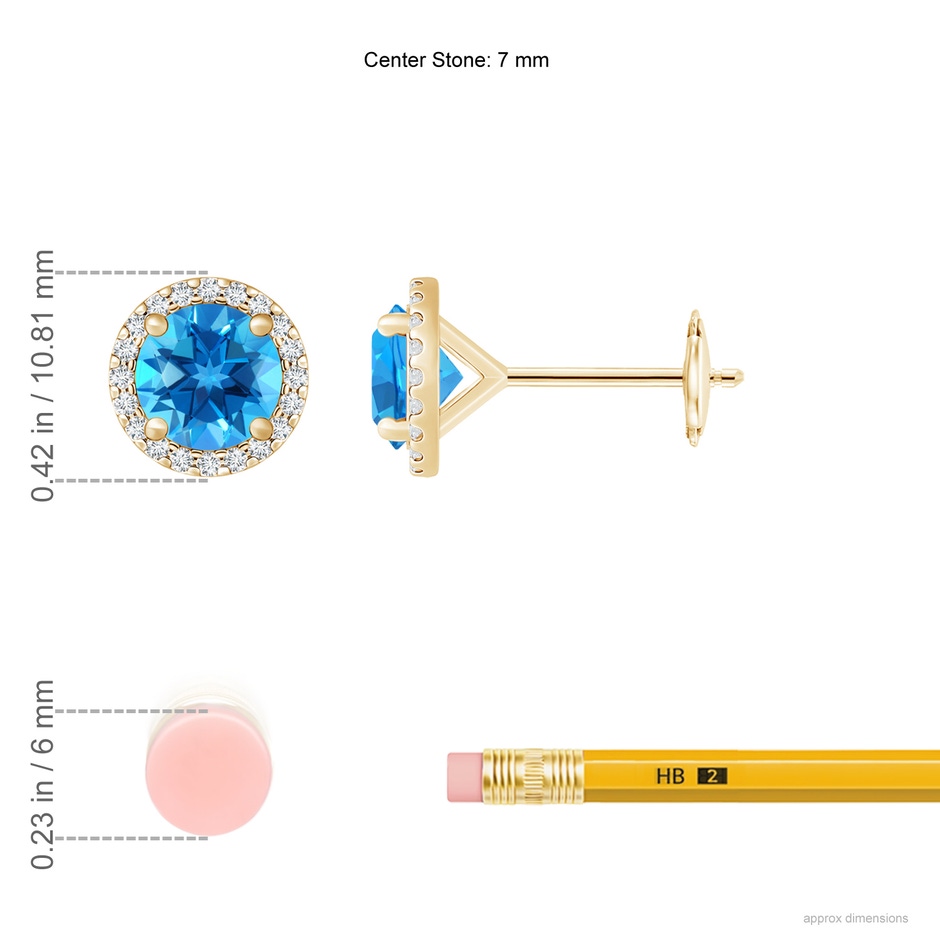 7mm AAAA Classic Swiss Blue Topaz and Diamond Halo Stud Earrings in Yellow Gold ruler