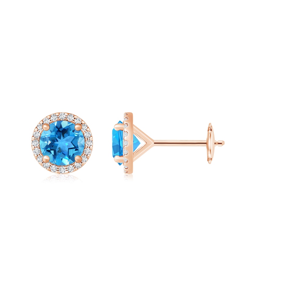 8mm AAA Classic Swiss Blue Topaz and Diamond Halo Stud Earrings in Rose Gold 