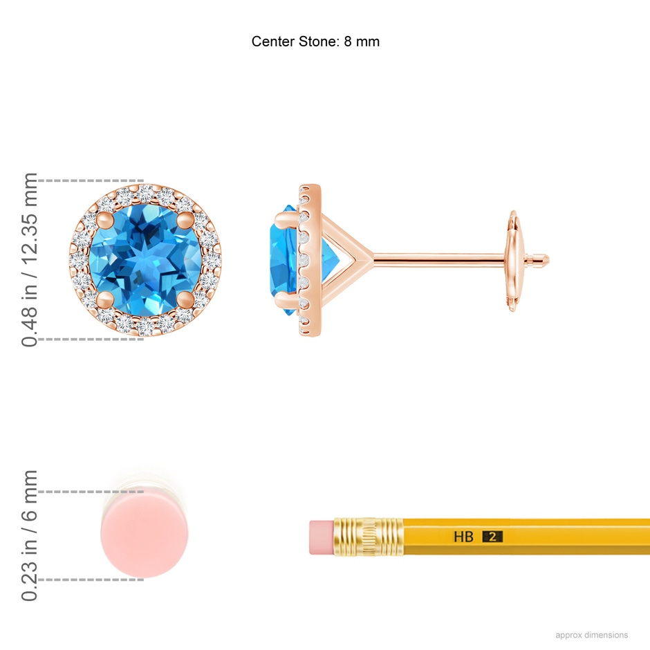 8mm AAA Classic Swiss Blue Topaz and Diamond Halo Stud Earrings in Rose Gold ruler
