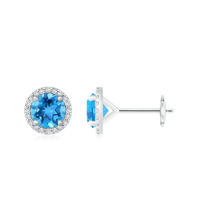 8mm AAA Classic Swiss Blue Topaz and Diamond Halo Stud Earrings in White Gold 