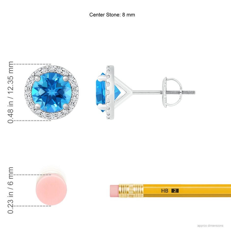 8mm AAAA Classic Swiss Blue Topaz and Diamond Halo Stud Earrings in P950 Platinum ruler