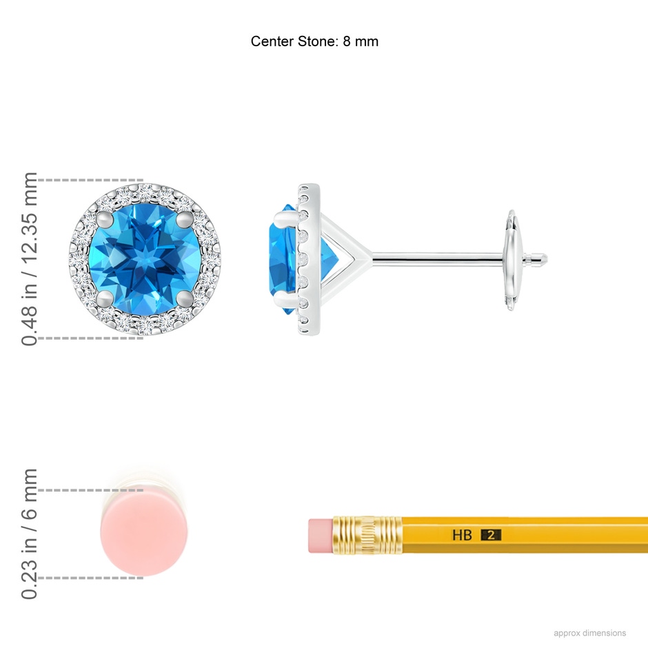 8mm AAAA Classic Swiss Blue Topaz and Diamond Halo Stud Earrings in White Gold ruler