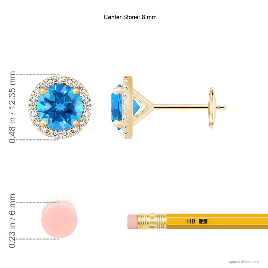 8mm AAAA Classic Swiss Blue Topaz and Diamond Halo Stud Earrings in Yellow Gold ruler