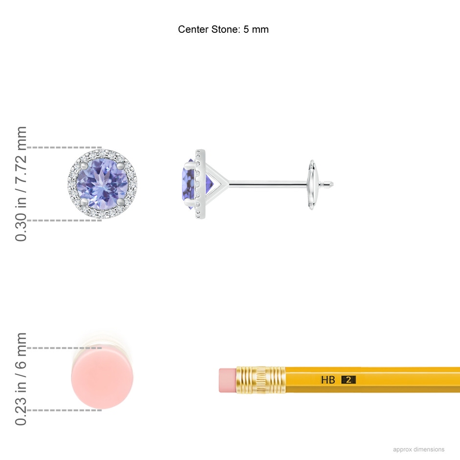 5mm AA Classic Tanzanite and Diamond Halo Stud Earrings in White Gold ruler