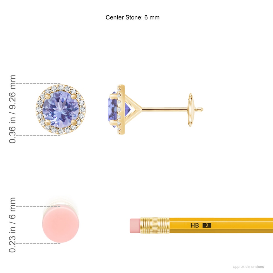 6mm A Classic Tanzanite and Diamond Halo Stud Earrings in Yellow Gold ruler