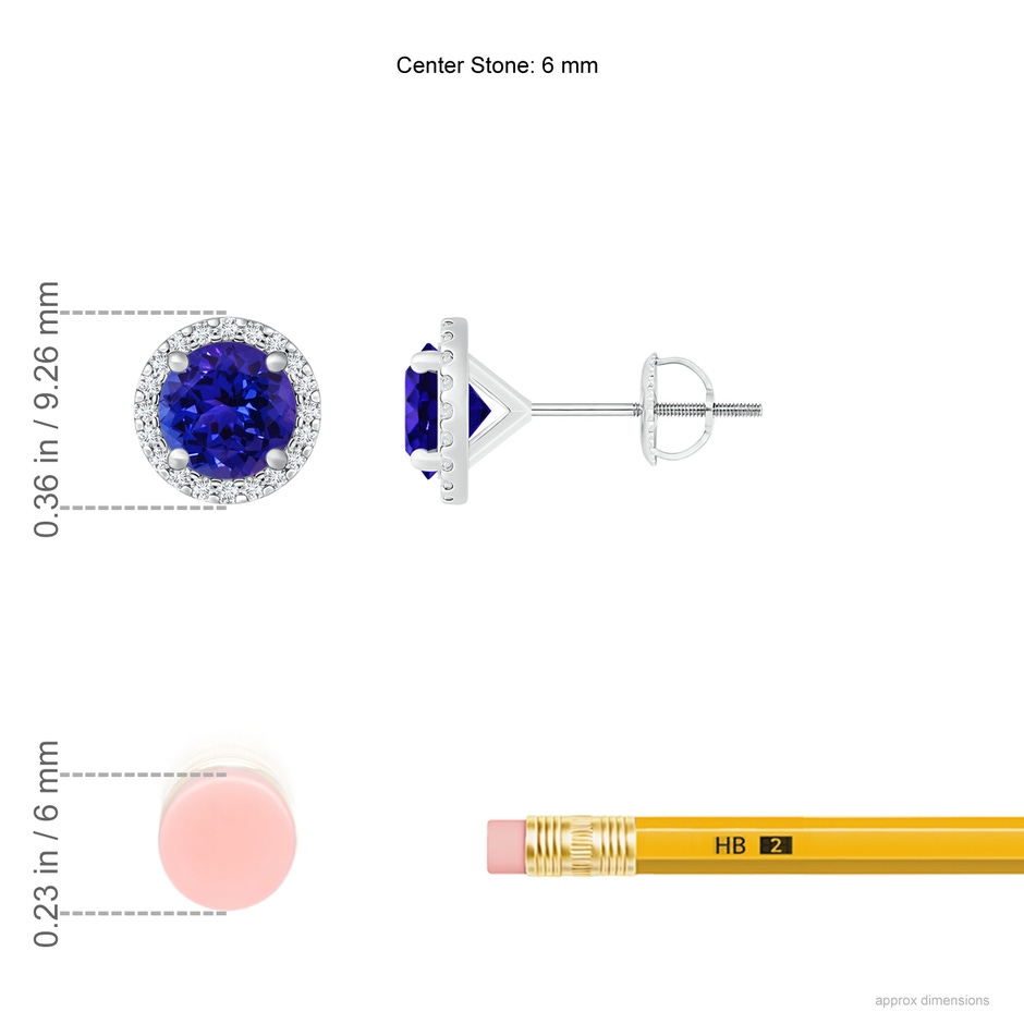 6mm AAAA Classic Tanzanite and Diamond Halo Stud Earrings in P950 Platinum ruler