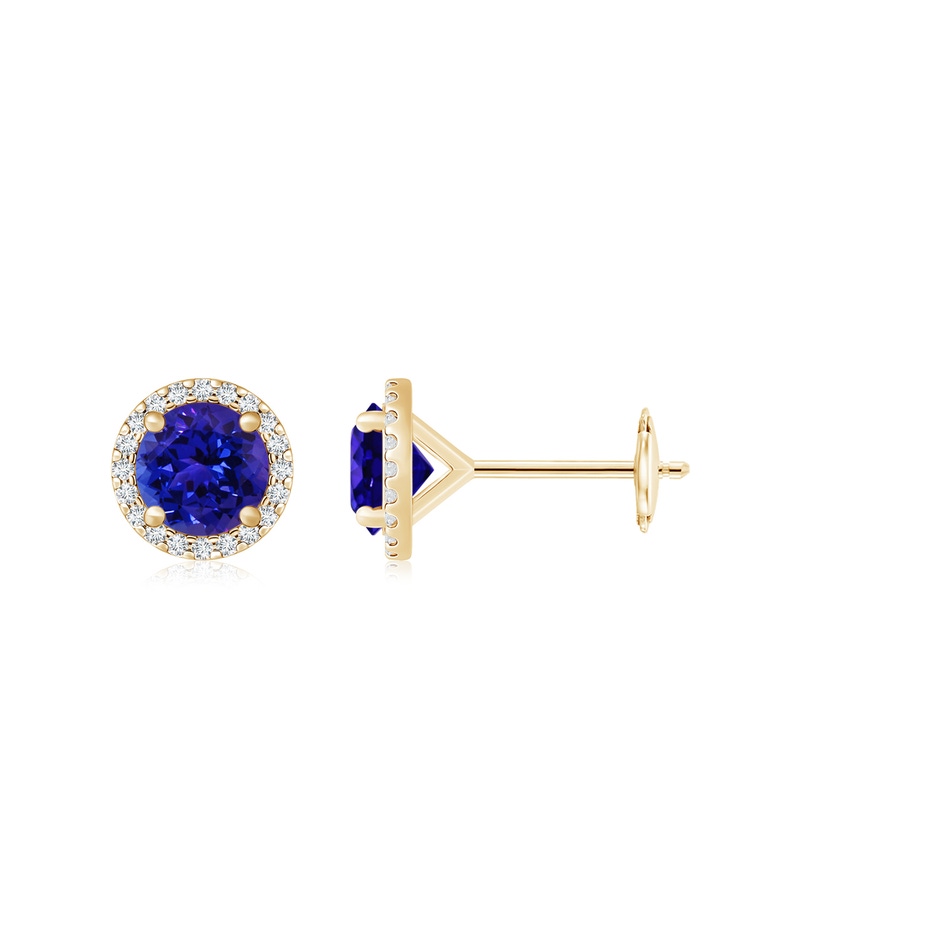 7mm AAAA Classic Tanzanite and Diamond Halo Stud Earrings in 18K Yellow Gold 