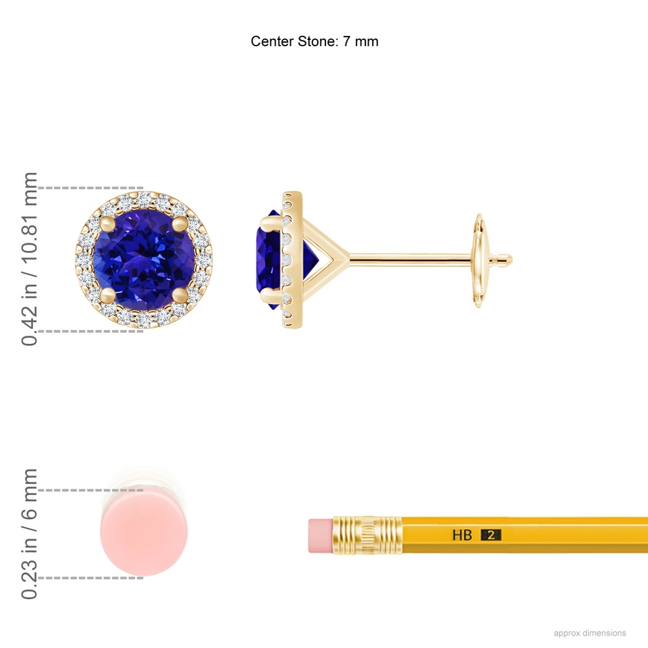 7mm AAAA Classic Tanzanite and Diamond Halo Stud Earrings in 18K Yellow Gold ruler
