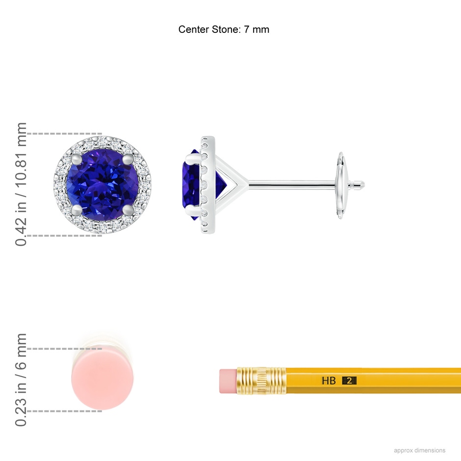 7mm AAAA Classic Tanzanite and Diamond Halo Stud Earrings in White Gold ruler