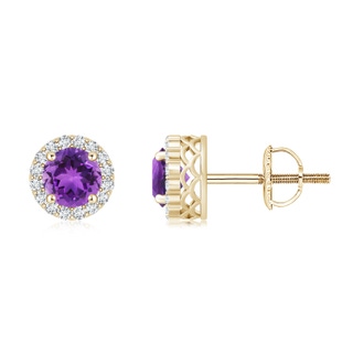 6mm AAA Round Amethyst and Diamond Halo Stud Earrings in 9K Yellow Gold