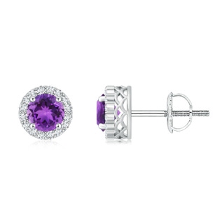 6mm AAA Round Amethyst and Diamond Halo Stud Earrings in White Gold