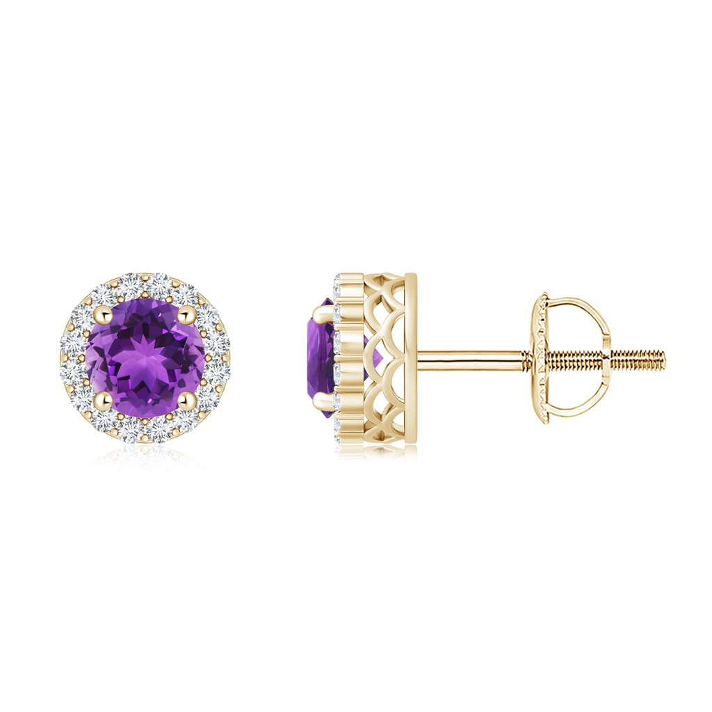 6mm AAA Round Amethyst and Diamond Halo Stud Earrings in Yellow Gold