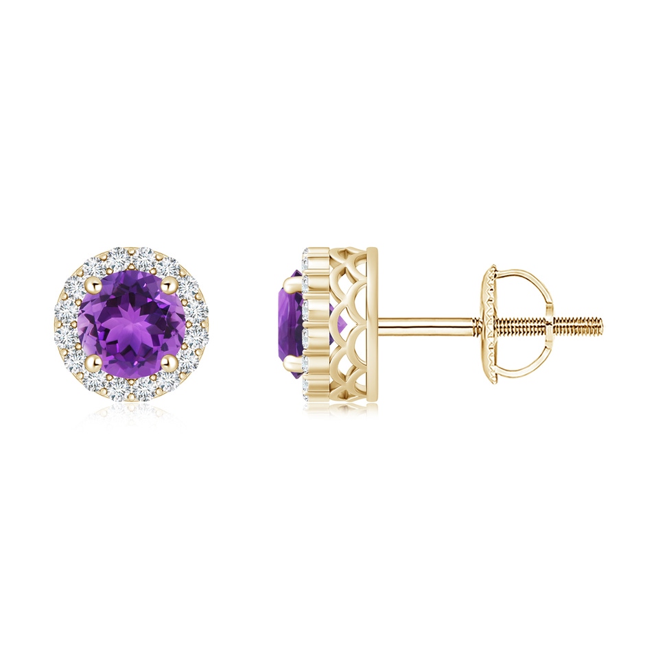 6mm AAA Round Amethyst and Diamond Halo Stud Earrings in Yellow Gold 