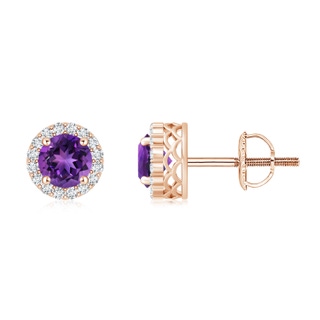 6mm AAAA Round Amethyst and Diamond Halo Stud Earrings in Rose Gold