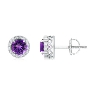 6mm AAAA Round Amethyst and Diamond Halo Stud Earrings in White Gold