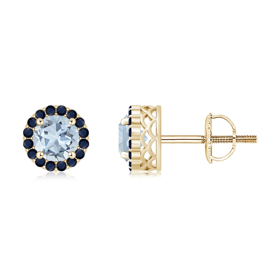 6mm A Round Aquamarine and Sapphire Halo Stud Earrings in Yellow Gold 