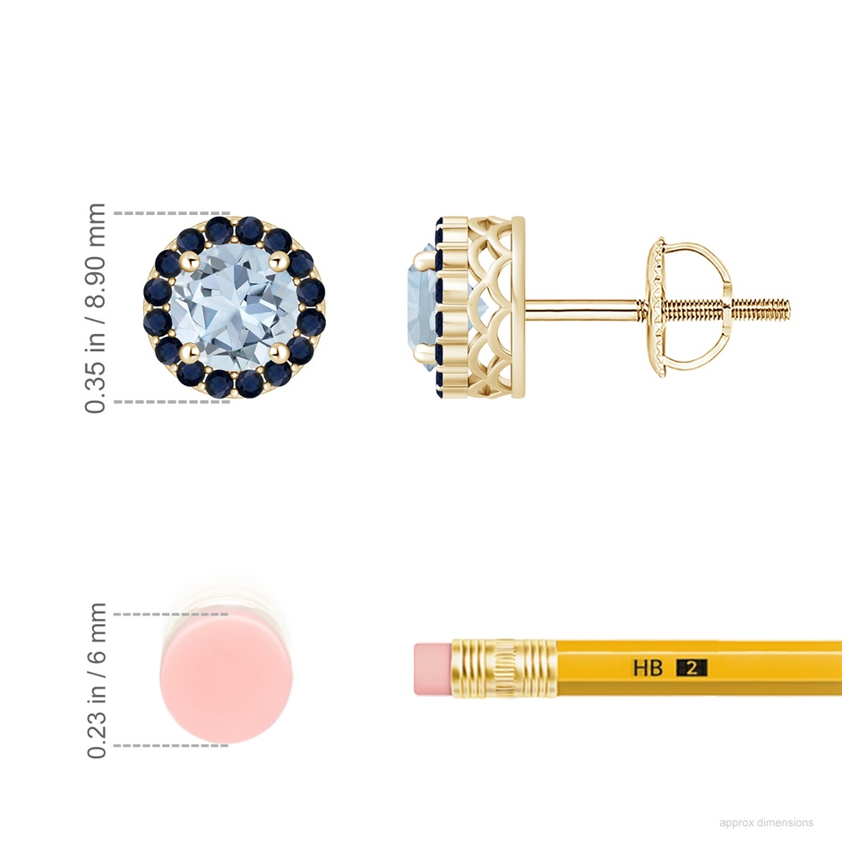 6mm A Round Aquamarine and Sapphire Halo Stud Earrings in Yellow Gold ruler