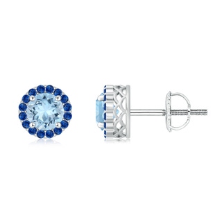 6mm AAA Round Aquamarine and Sapphire Halo Stud Earrings in 18K White Gold
