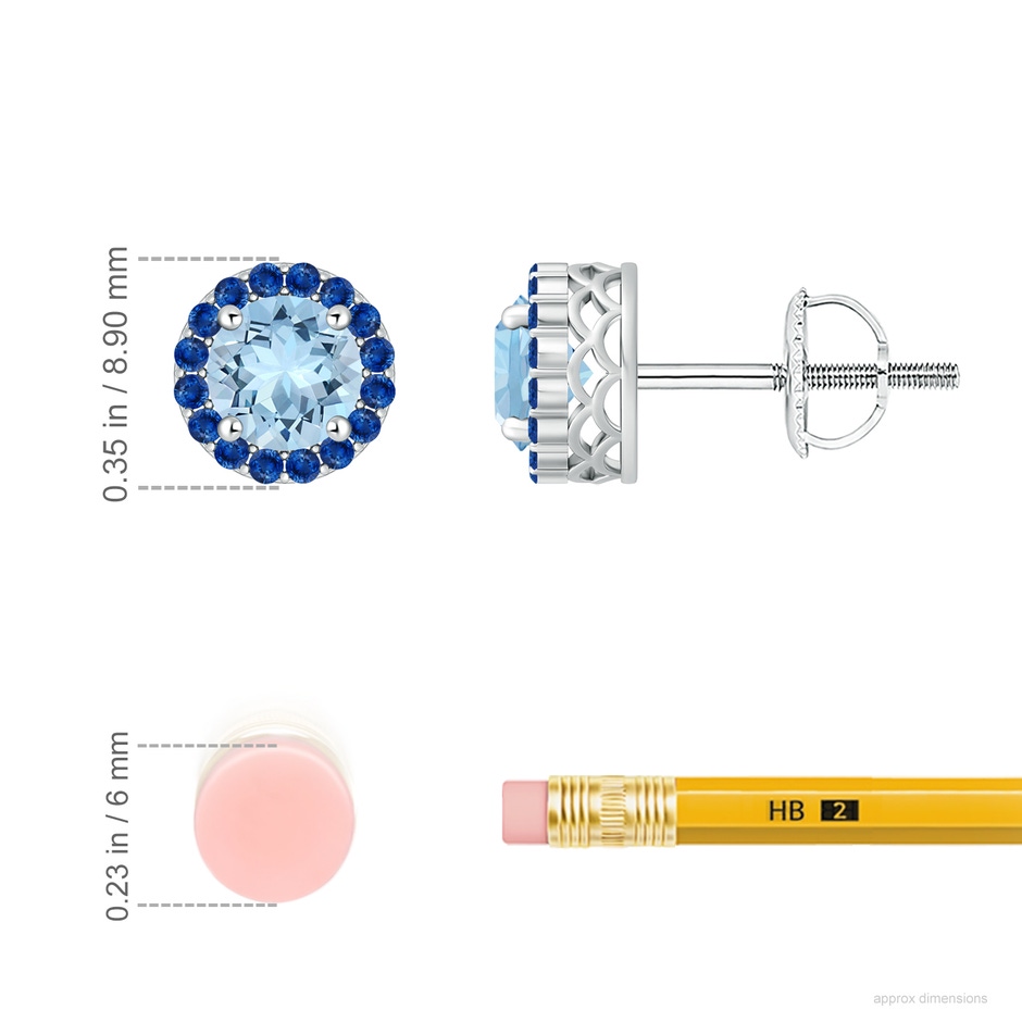 6mm AAA Round Aquamarine and Sapphire Halo Stud Earrings in 18K White Gold ruler