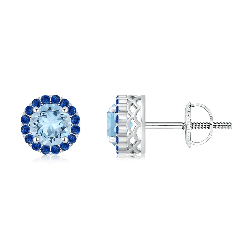 6mm AAA Round Aquamarine and Sapphire Halo Stud Earrings in White Gold