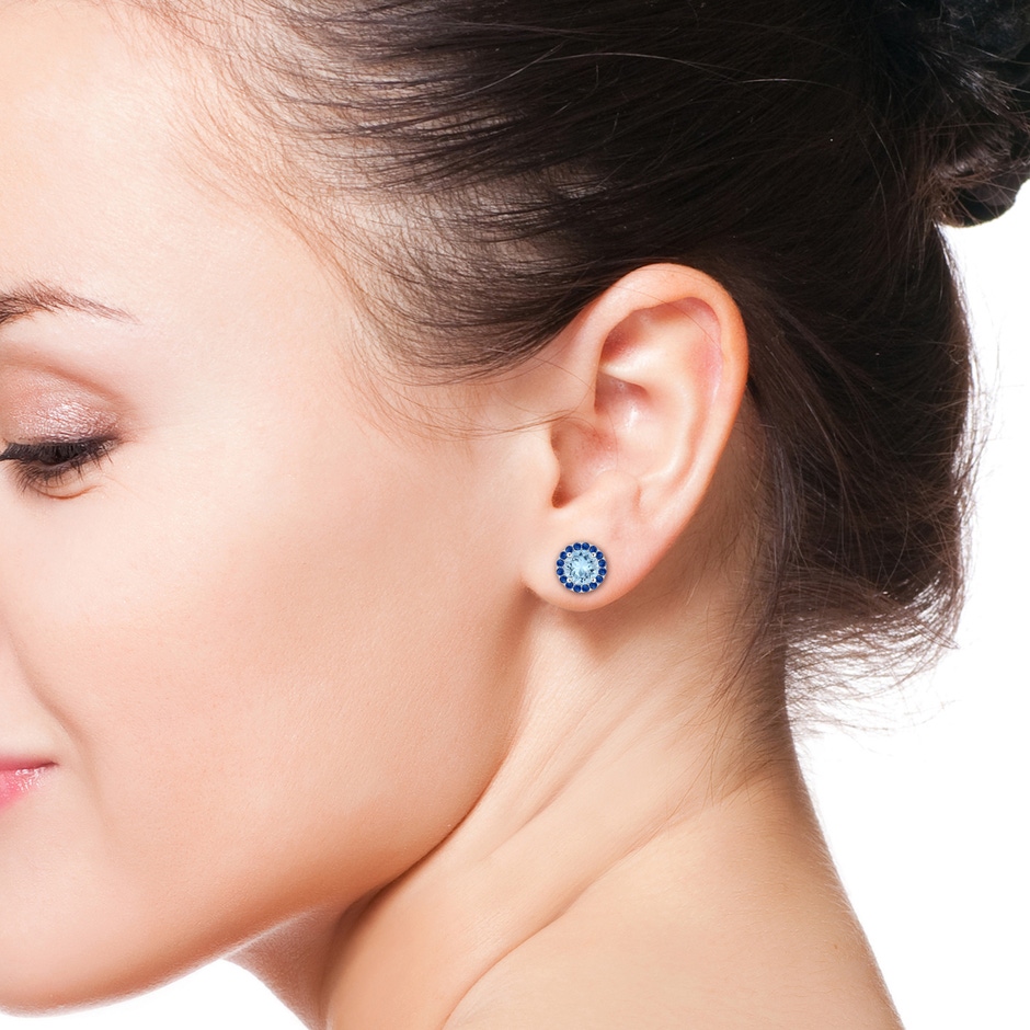 6mm AAA Round Aquamarine and Sapphire Halo Stud Earrings in White Gold body-ear