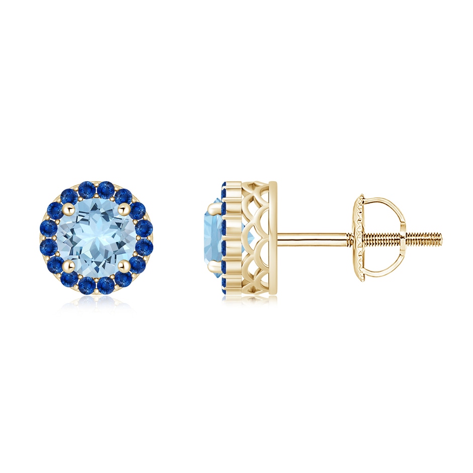 6mm AAA Round Aquamarine and Sapphire Halo Stud Earrings in Yellow Gold 