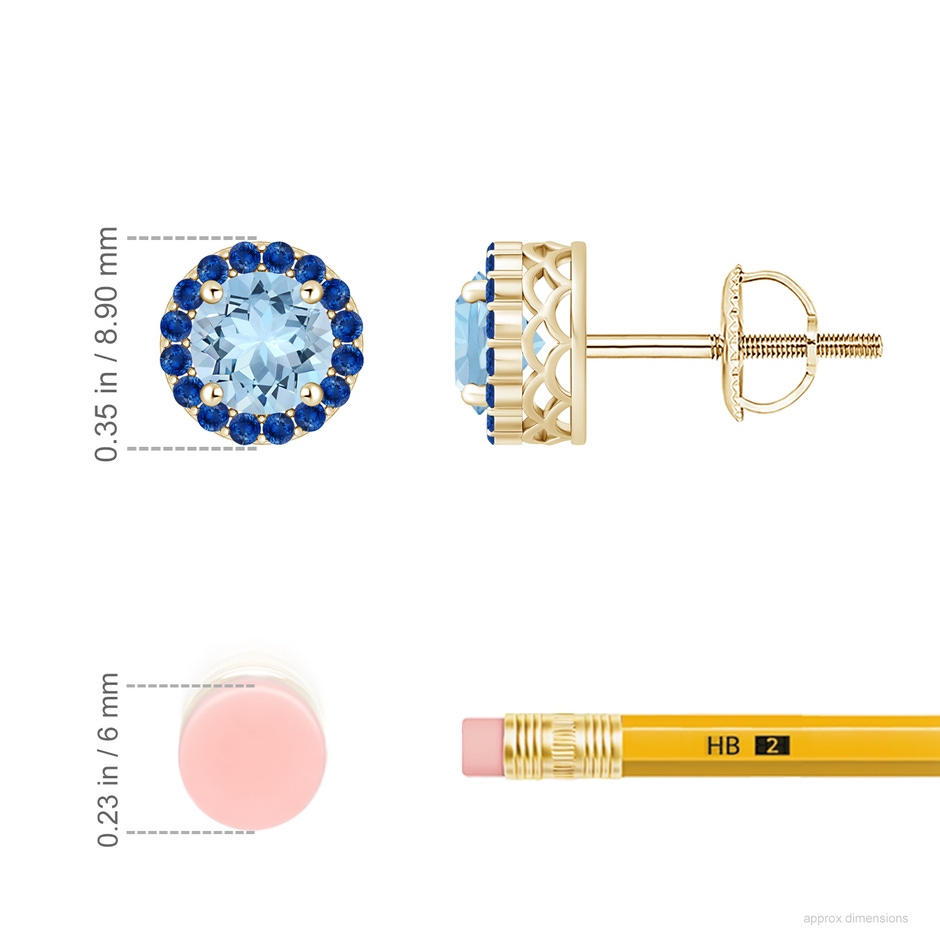 6mm AAA Round Aquamarine and Sapphire Halo Stud Earrings in Yellow Gold ruler