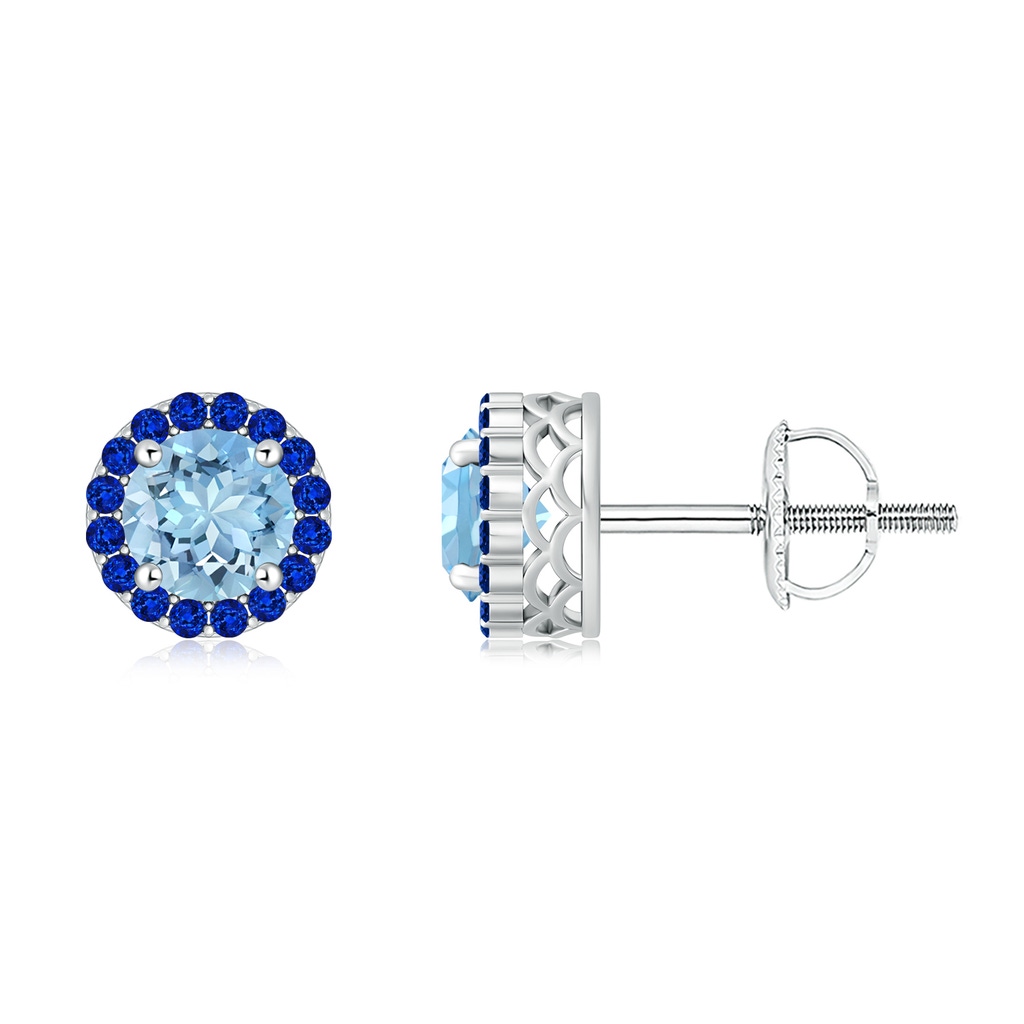 6mm AAAA Round Aquamarine and Sapphire Halo Stud Earrings in P950 Platinum