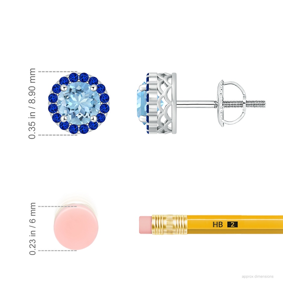 6mm AAAA Round Aquamarine and Sapphire Halo Stud Earrings in P950 Platinum ruler