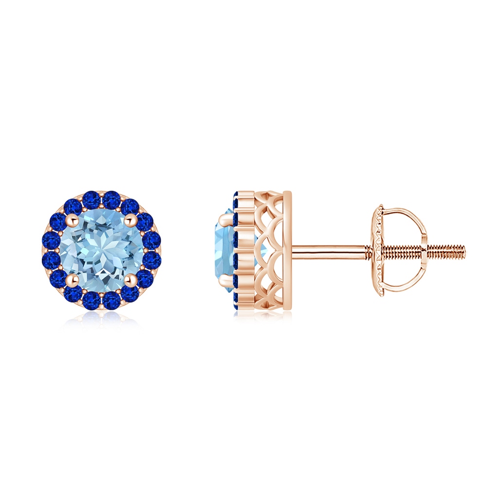 6mm AAAA Round Aquamarine and Sapphire Halo Stud Earrings in Rose Gold
