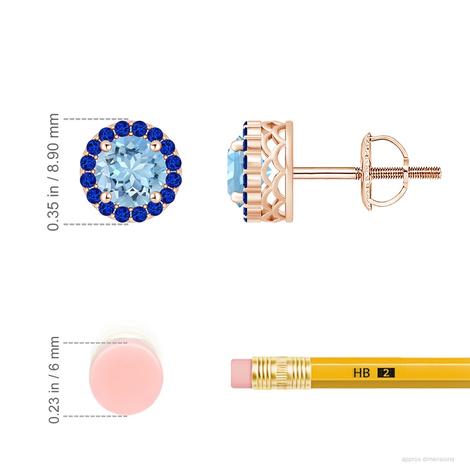 6mm AAAA Round Aquamarine and Sapphire Halo Stud Earrings in Rose Gold ruler