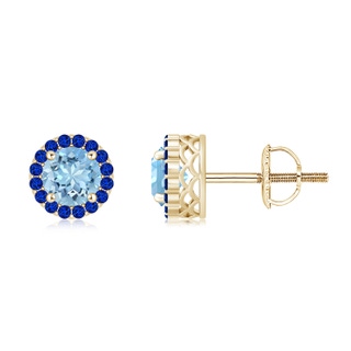 6mm AAAA Round Aquamarine and Sapphire Halo Stud Earrings in Yellow Gold