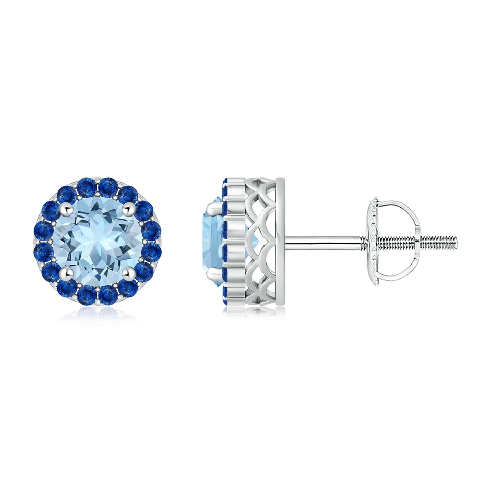 7mm AAA Round Aquamarine and Sapphire Halo Stud Earrings in 18K White Gold 