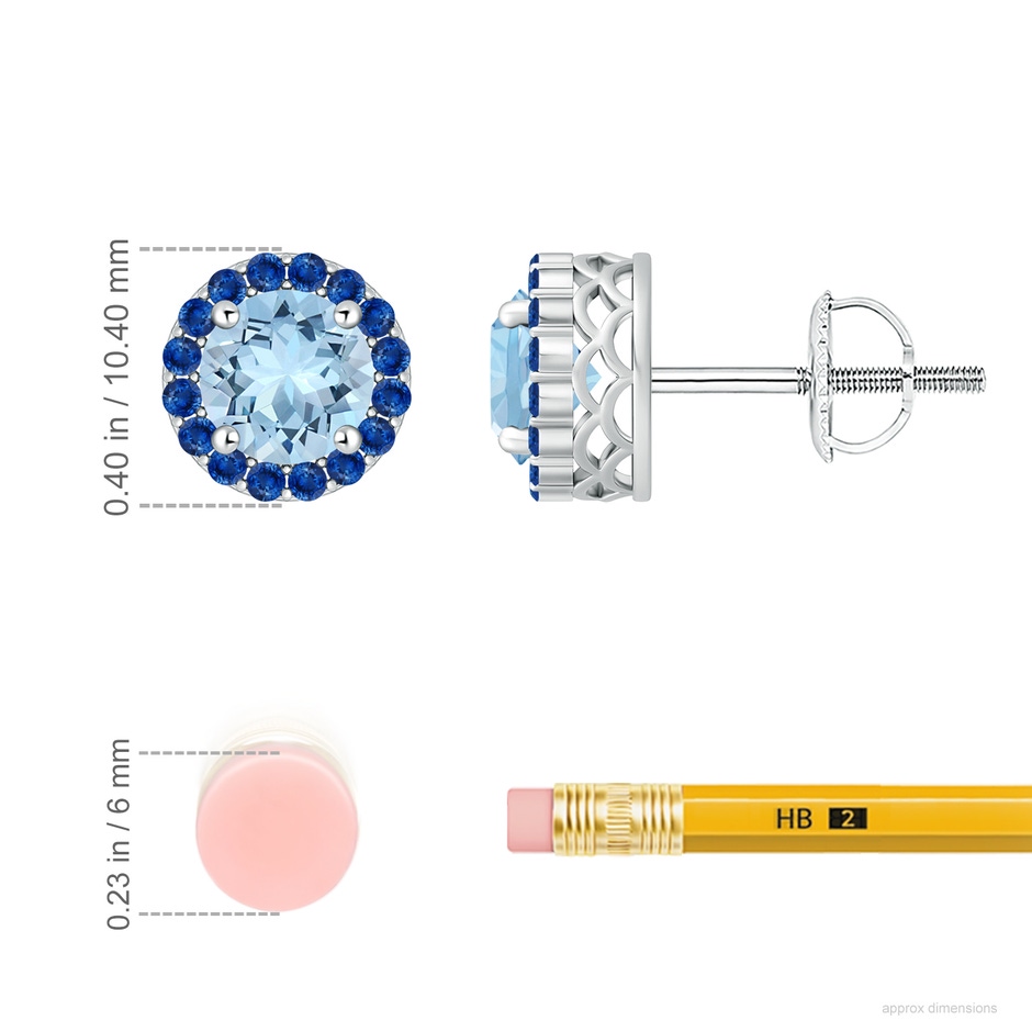 7mm AAA Round Aquamarine and Sapphire Halo Stud Earrings in 18K White Gold ruler