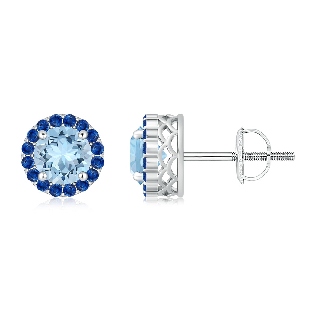 7mm AAA Round Aquamarine and Sapphire Halo Stud Earrings in White Gold