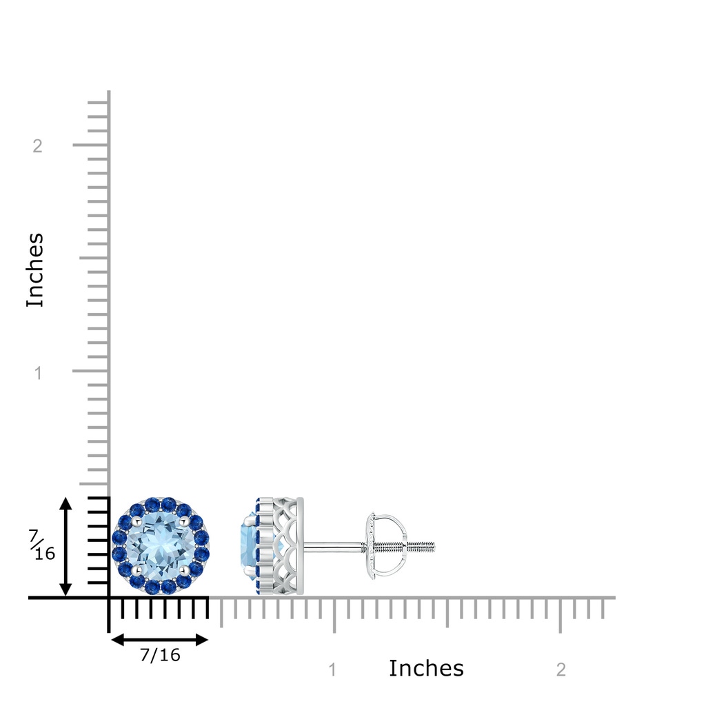 7mm AAA Round Aquamarine and Sapphire Halo Stud Earrings in White Gold Ruler