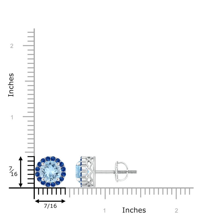 7mm AAA Round Aquamarine and Sapphire Halo Stud Earrings in White Gold ruler