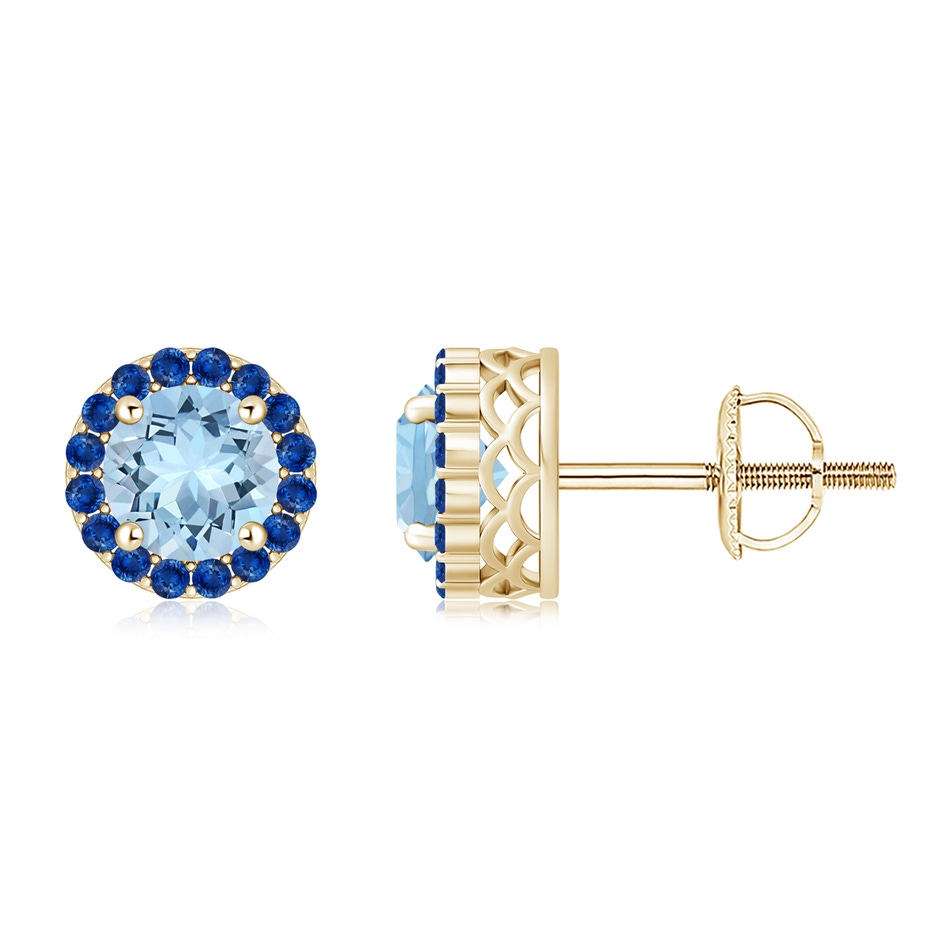 7mm AAA Round Aquamarine and Sapphire Halo Stud Earrings in Yellow Gold 