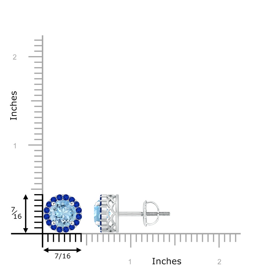 7mm AAAA Round Aquamarine and Sapphire Halo Stud Earrings in P950 Platinum ruler