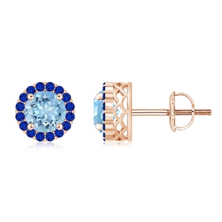 7mm AAAA Round Aquamarine and Sapphire Halo Stud Earrings in Rose Gold