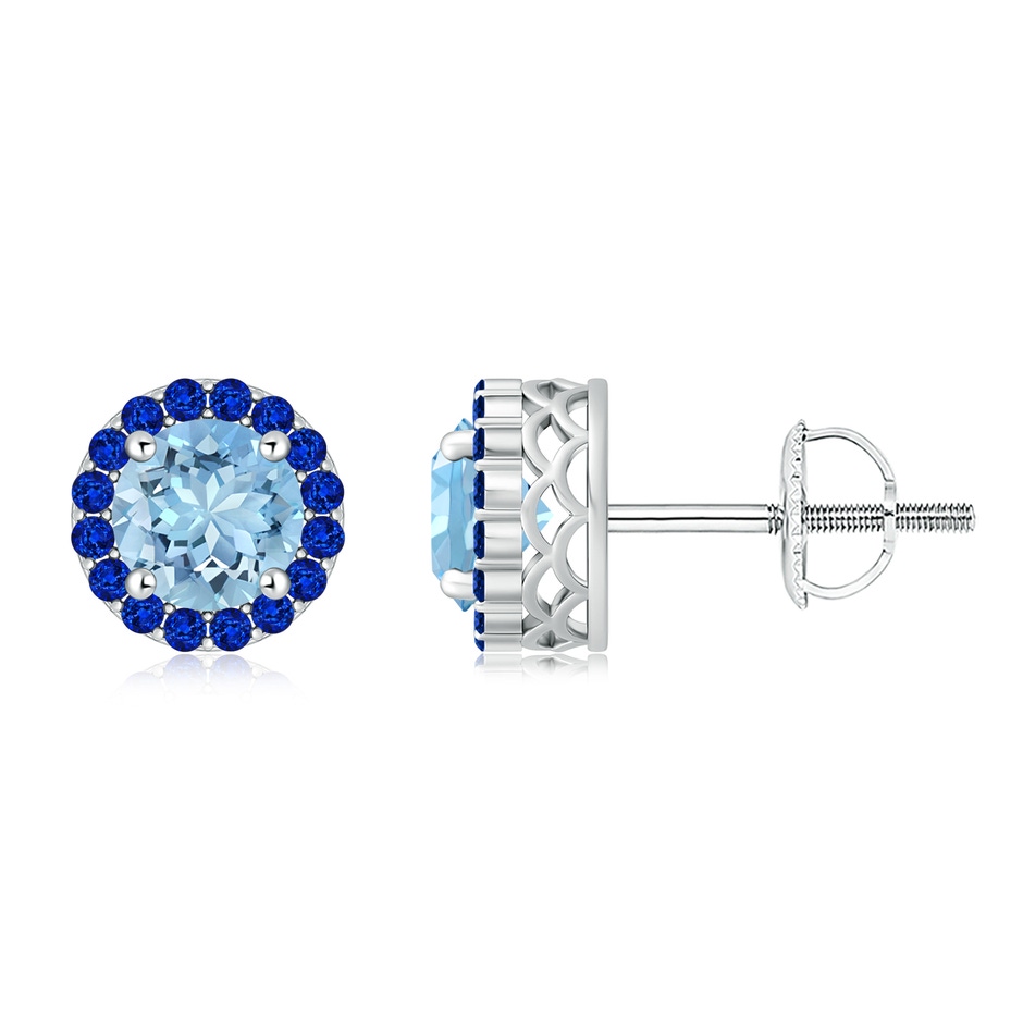 7mm AAAA Round Aquamarine and Sapphire Halo Stud Earrings in White Gold 